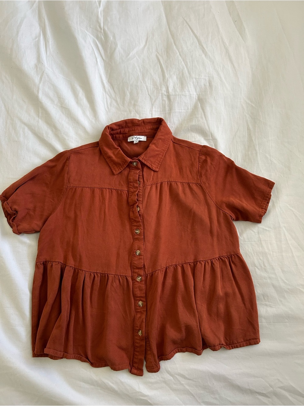 Polagram Rust Button-Front Peplum Short-Sleeve Shirt